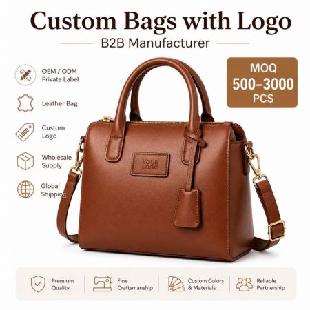 Custom Bags with Logo - Custom bags with logo wholesale manufacturing banner showing brown leather handbag with OEM ODM service and low MOQ.
