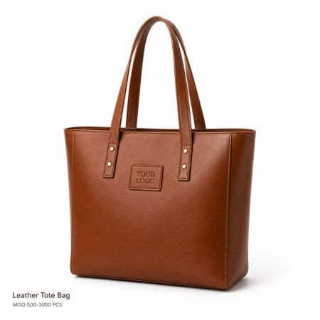 Wholesale custom leather tote bag with embossed logo placement for private label corporate merchandise.