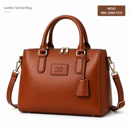 Wholesale custom brown leather satchel bag with top handles and detachable shoulder strap for OEM supply.