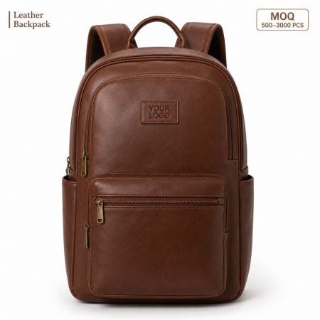 Wholesale promotional leather backpack with laptop compartment and front zipper pocket for corporate gifts.