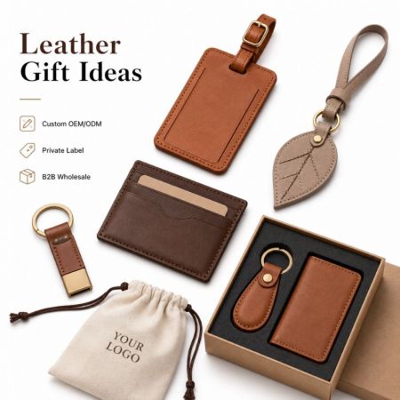 Leather Gift Ideas - Custom leather gift ideas showcase including luggage tags, card holder, USB keychain, and branded gift box supply.