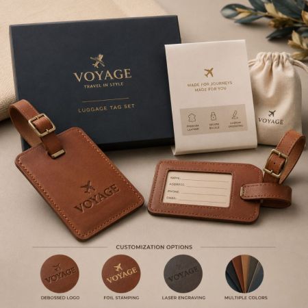 Custom engraved leather luggage tag set with debossed corporate logo and premium retail gift box packaging.