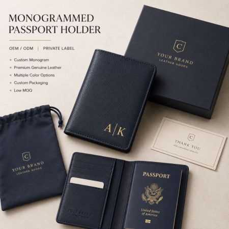 Monogrammed leather passport holder with gold foil initials, branded dust bag, and rigid gift box wholesale.