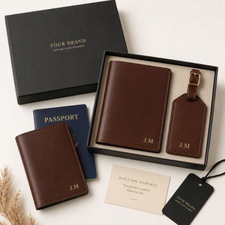 Corporate leather travel gift set featuring personalized passport cover and matching luggage tag in presentation box.