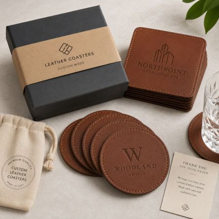 Wholesale custom leather coasters set with debossed corporate branding logo and retail packaging box supply.