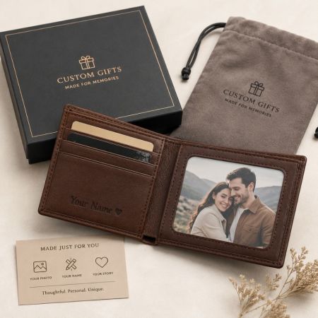 Custom personalized leather bifold wallet with photo slot and engraved name for unique corporate promotional gifts.
