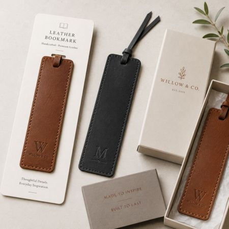 Customized premium leather bookmarks with embossed initials on branded cardboard card backing for retail sale.