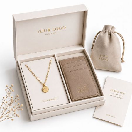 Custom jewelry gift set containing gold sun necklace and slim leather card holder in premium corporate branded box.