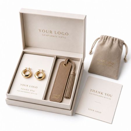 Corporate branded jewelry gift set with gold hoop earrings and leather tassel bookmark for business promotional gifts.