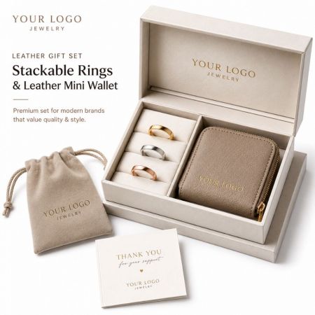 Custom luxury gift box featuring three stackable metallic rings and a matching zippered leather mini wallet for brands.