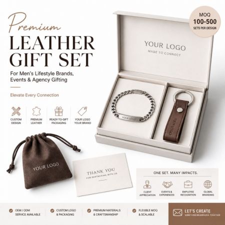 Premium men's lifestyle gift set with steel chain bracelet and leather loop keychain in custom wholesale packaging.