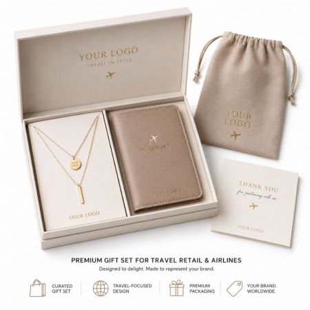 Custom travel gift box set combining layered gold pendant necklace and leather passport cover for corporate branding.