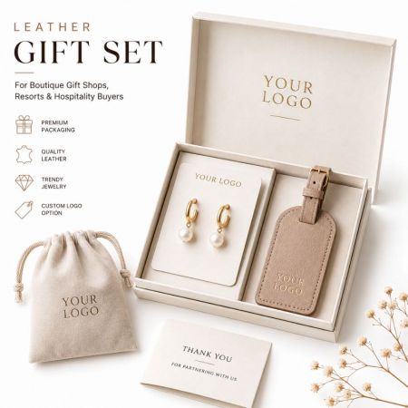 Boutique hospitality gift set with gold pearl drop earrings and customized leather luggage tag in presentation box.