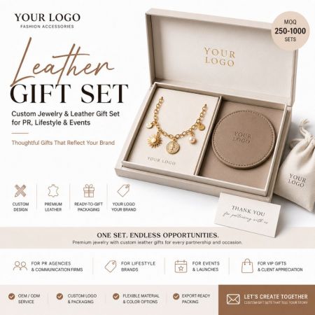 Promotional fashion gift set featuring gold charm bracelet and debossed leather round coaster for corporate PR events.