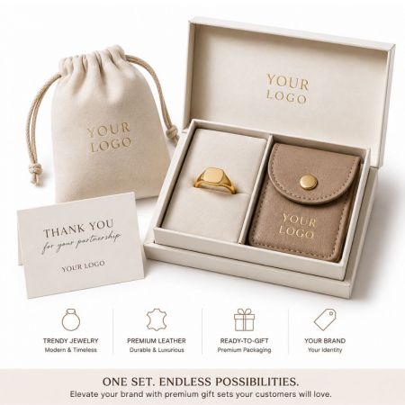 E-commerce wholesale gift set with minimalist gold signet ring and buttoned leather jewelry pouch in a premium box.