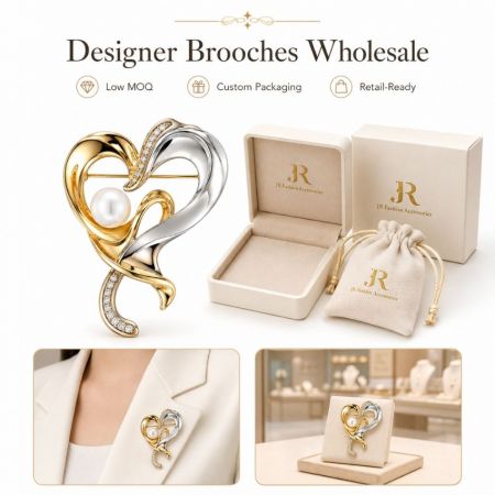 Designer Brooches - Silver and gold abstract heart-shaped pearl brooch for boutique retail ready fashion accessories wholesale.
