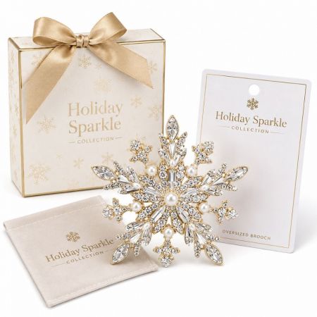 Holiday sparkle collection oversized crystal snowflake brooch with custom branded gift box and backing card.