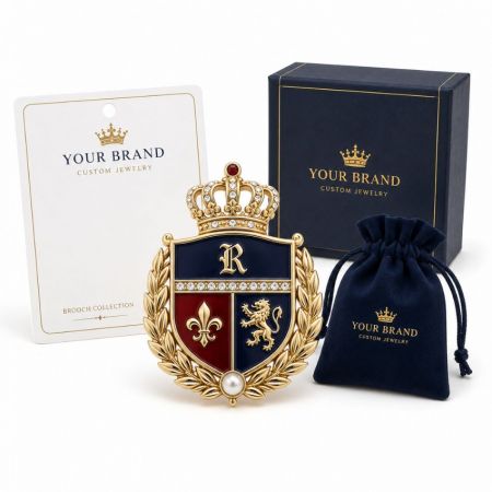 Crest Brooch - Custom royal crest enamel brooch featuring a gold crown, lion rampant, and fleur-de-lis emblem with gift packaging.