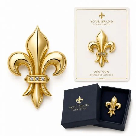 Royal Brooch - Gold fleur-de-lis brooch with three diamonds, custom jewelry OEM/ODM display with branded packaging box.