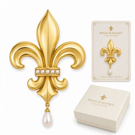 Gold fleur-de-lis pearl drop brooch, Royal Elegance collection jewelry wholesale presentation with luxury gift box.