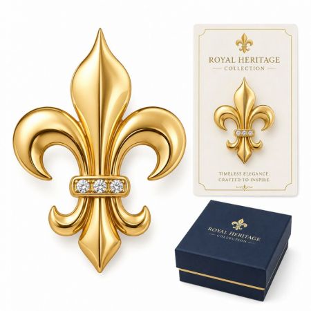 Royal Heritage collection gold fleur-de-lis brooch with clear crystals, premium custom jewelry packaging design.