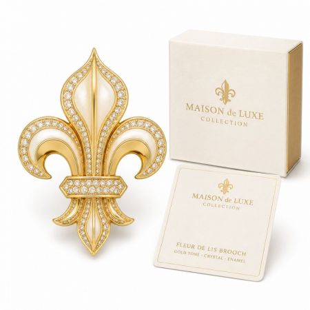 Maison de Luxe gold tone crystal enamel fleur-de-lis brooch set, high-end fashion accessory wholesale display.