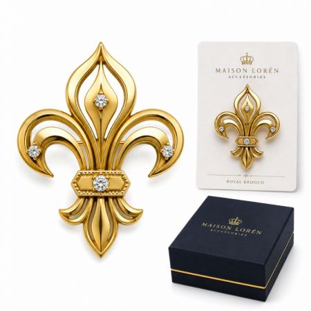 Maison Loren cut-out gold fleur-de-lis brooch with four diamonds, luxury royal accessory supplier presentation.