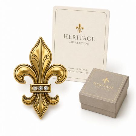 Antique gold fleur-de-lis brooch with three crystals, Heritage collection vintage jewelry wholesale catalog.