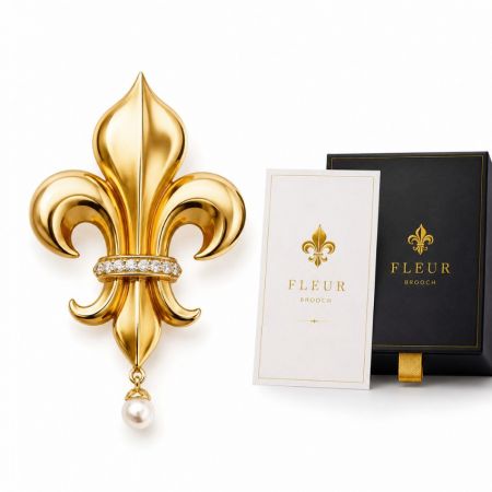 Fleur Brooch collection gold fleur-de-lis with crystal band and dangling pearl, luxury brand jewelry supplier.