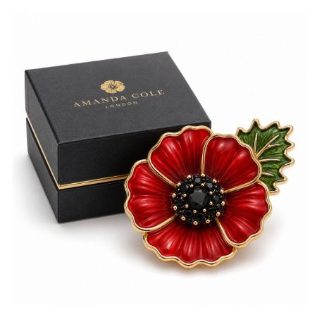 Amanda Cole London red poppy flower brooch set with luxury embossed black jewelry box, commercial supplier display.