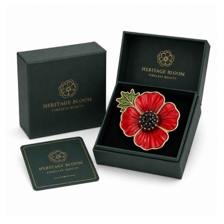 Heritage Bloom remembrance red poppy pin showcased with matte dark green gift box and authentic corporate card.