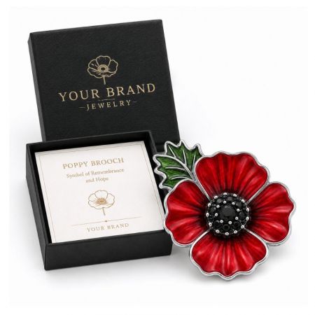 Your Brand custom jewelry red poppy remembrance brooch featuring white brand insert card and sleek black box.