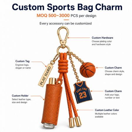 Sports Bag Charms - Custom basketball bag charm with leather lipstick holder, jersey charm, metal tag, and MOQ procurement specifications.