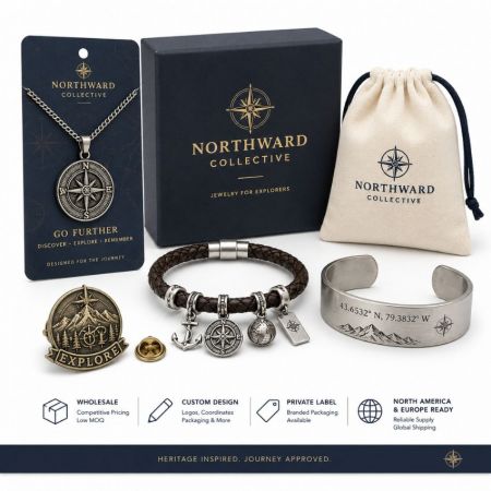 Custom nautical charm bracelets and adventure themed jewelry set with private label packaging for wholesale.