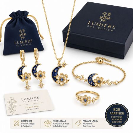 Wholesale gold celestial jewelry set featuring enamel moon and flower pendants with OEM custom design packaging.