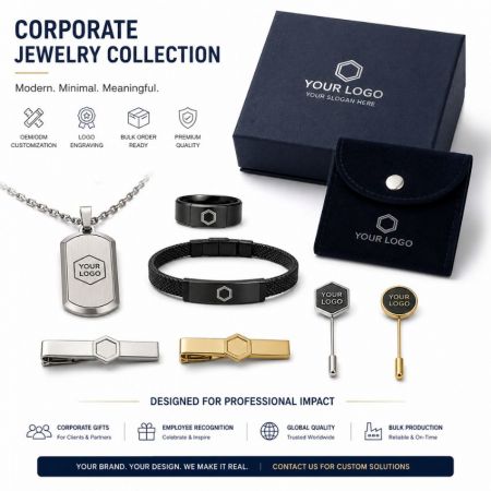 Custom logo corporate jewelry collection including engraved dog tags, tie clips, and lapel pins for business gifts.