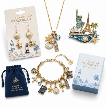 Custom travel theme charm bracelets and landmark pendants for souvenir retail merchandise and tourism brands.