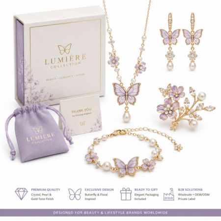 Elegant purple enamel butterfly jewelry set with pearl accents for private label lifestyle and fashion brands.
