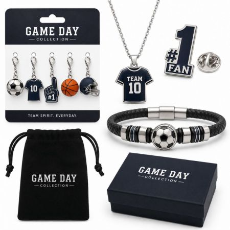 Custom sports themed fan jewelry collection including team jerseys, soccer charms, and bracelets for wholesale.