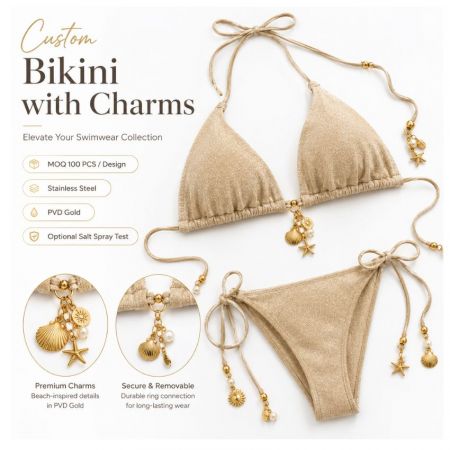 Custom Bikini Charms - Custom gold bikini charms in PVD gold on stainless steel swimwear with removable rings for wholesale manufacturing.
