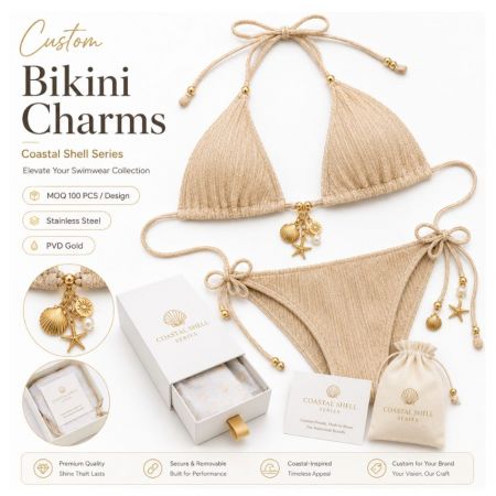 Wholesale beach-themed swimwear charms with custom private label packaging boxes and pouches for premium brands.