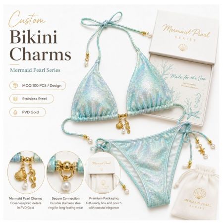 Custom mermaid sea horse and pearl bikini charms with OEM private label packaging boxes for swimwear brands.