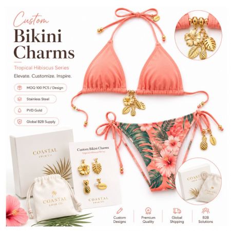 Tropical hibiscus flower and pineapple bikini charms with private label packaging solutions for global sourcing.