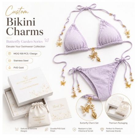 Custom gold butterfly charms on a lavender bikini with salt and chlorine resistant plating for premium brands.