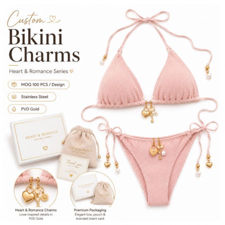 Heart and lock gold bikini charms on a pink swimwear set with custom branded insert cards and gift packaging.