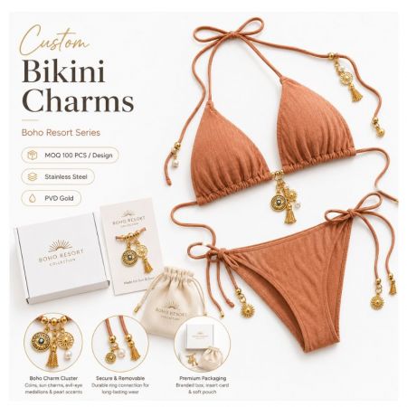 Boho resort style evil-eye medallions and sun charms on terracotta swimwear with custom brand packaging.