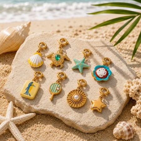 Bikini with Charms - Eight custom beach charm designs with clip-on clasps for wholesale mix and match swimwear accessories.