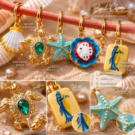 Wholesale ocean themed jewelry charms displayed on a sandy beach stone with shells for holiday retail brands.