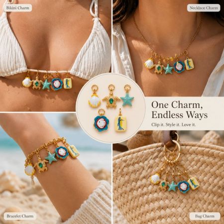 Custom enamel ocean charms on a beach stone backdrop, ideal for private label tropical resort merchandise.