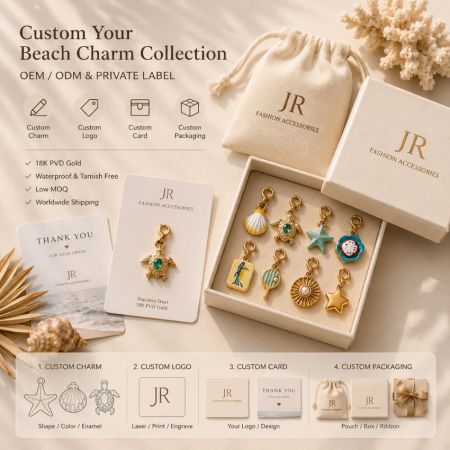 Multi-use custom enamel charms shown on a bikini strap, gold necklace, bracelet, and woven beach bag.